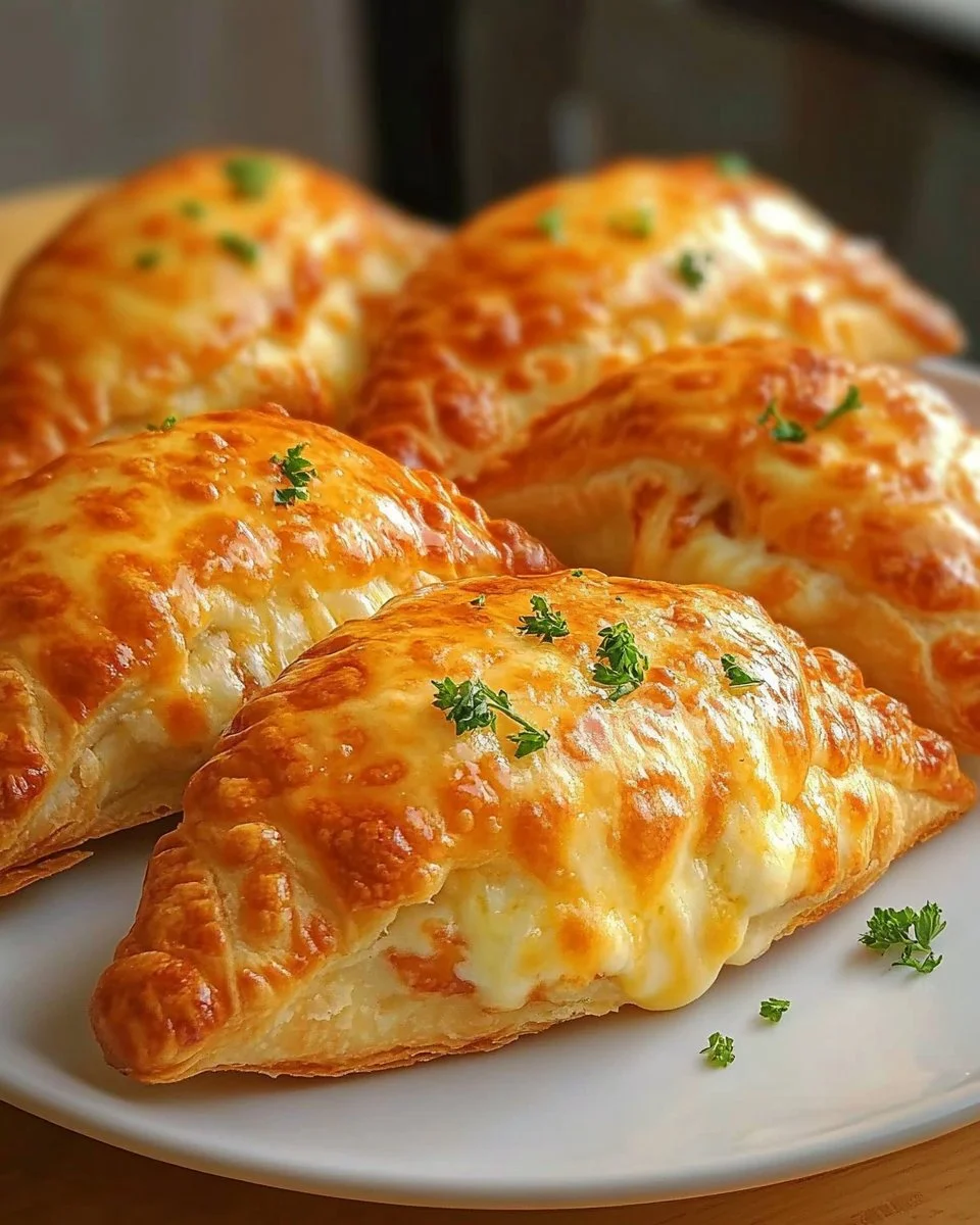 Thunfisch-Blätterteig mit Käse und Paprika, serviert auf einem Teller.