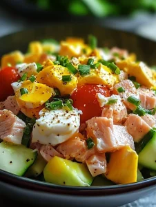 Delizierter Thunfischsalat mit Ei und Gurke auf einem Teller
