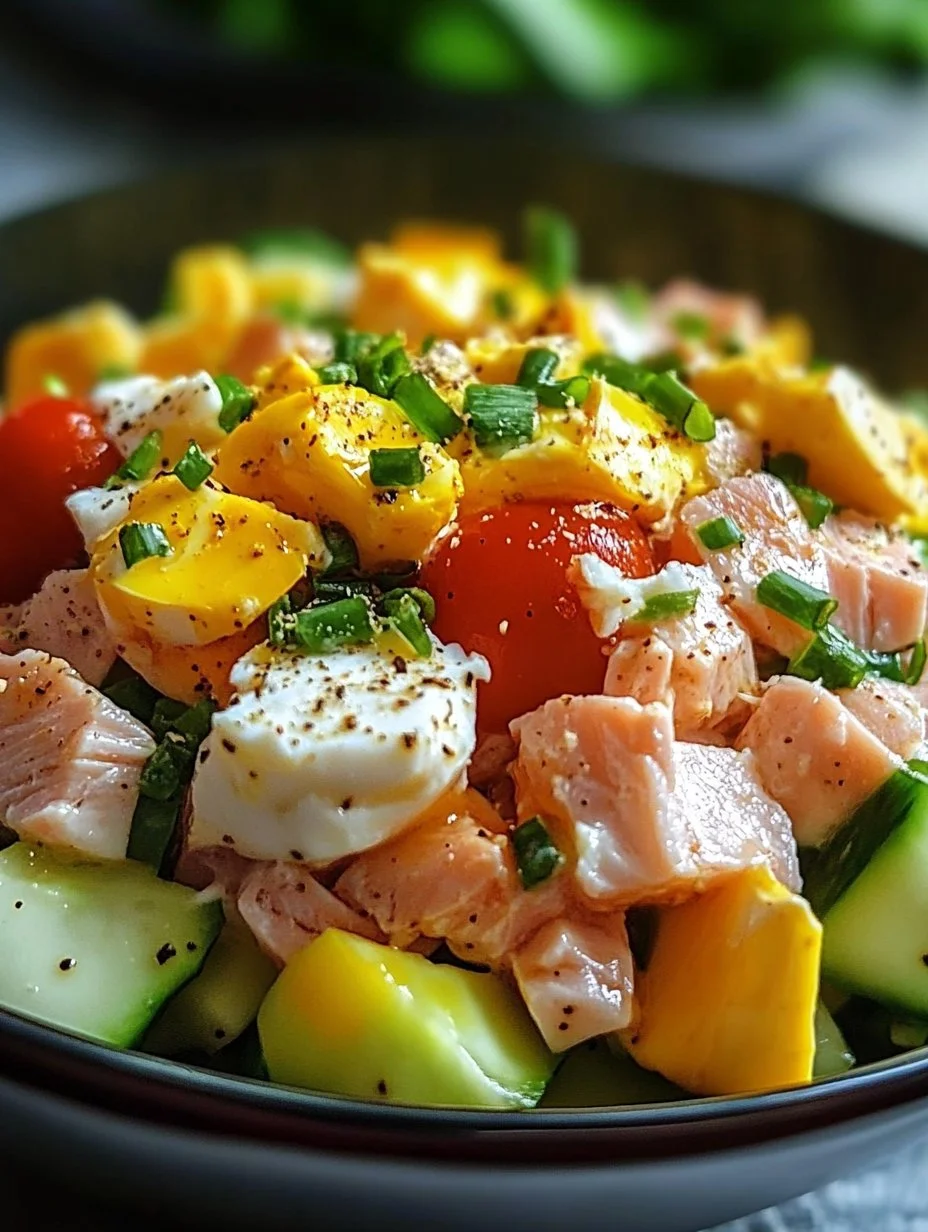 Delizierter Thunfischsalat mit Ei und Gurke auf einem Teller