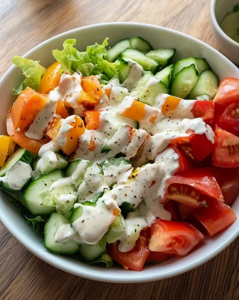 Erfrischender Tomaten-Gurken-Salat mit Joghurt-Dressing auf einem Teller.