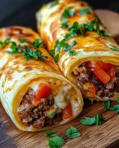 Tortillas gefüllt mit Hackfleisch und Käse auf einem Teller