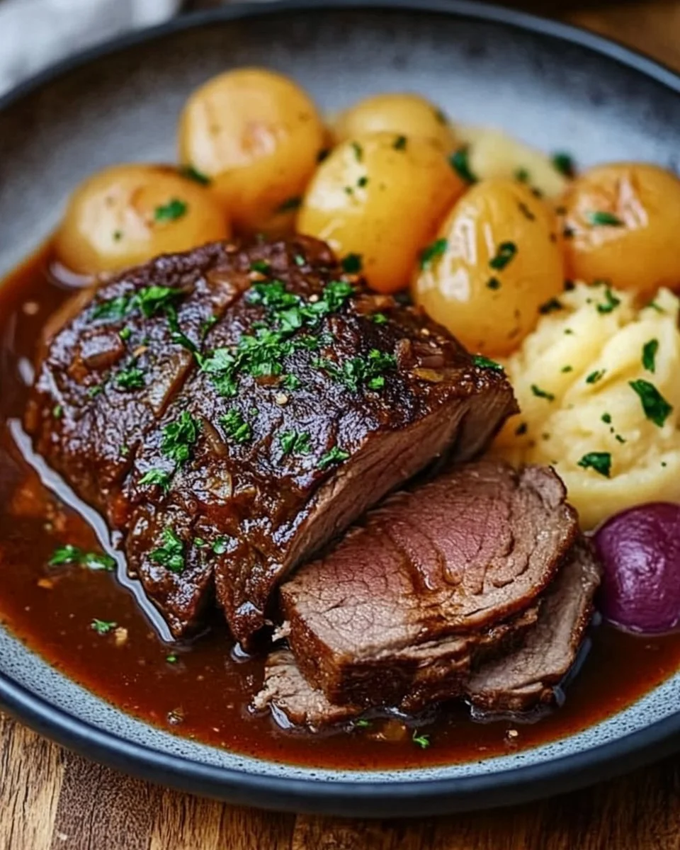 Traditioneller Sauerbraten auf einem Teller serviert mit Beilagen