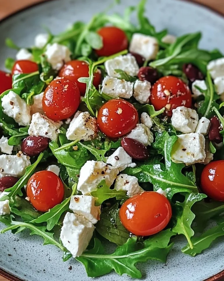 Trauben-Feta-Salat mit Rucola auf einem weißen Teller