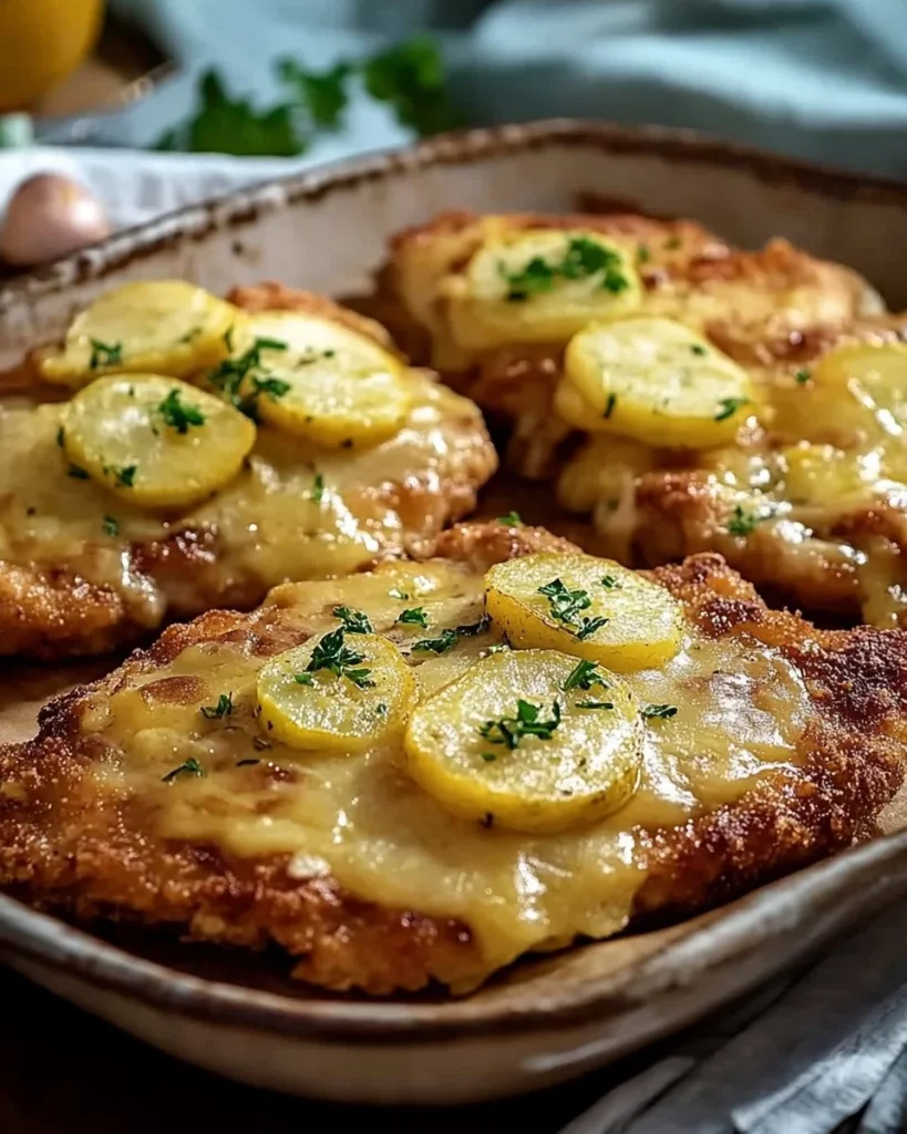 Überbackene Partyschnitzel mit Käse überzogen, ideal für Feiern