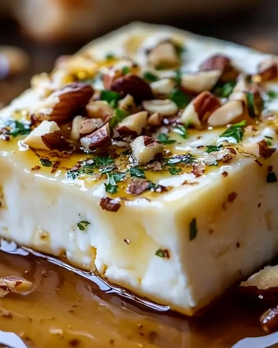 Überbackener Feta mit Honig, Thymian und Nüssen auf einem Teller serviert