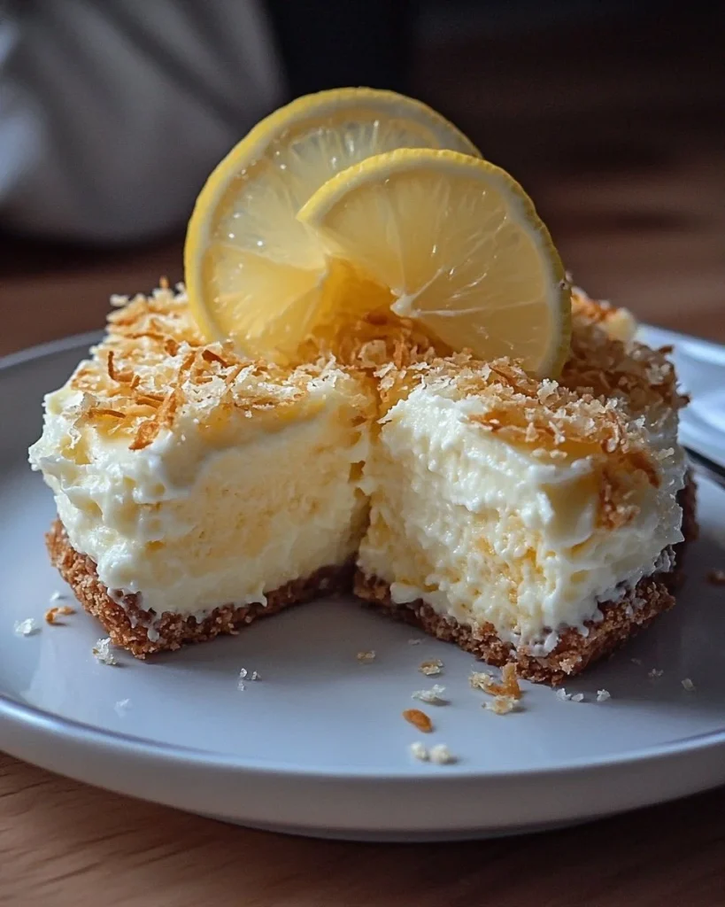 Zitronen- und Kokoscheesecake-Stil Dessert auf einem weißen Teller