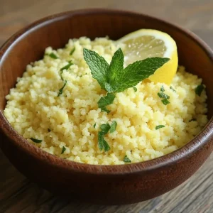 Zitronen-Couscous mit frischer Minze serviert in einer Schüssel.