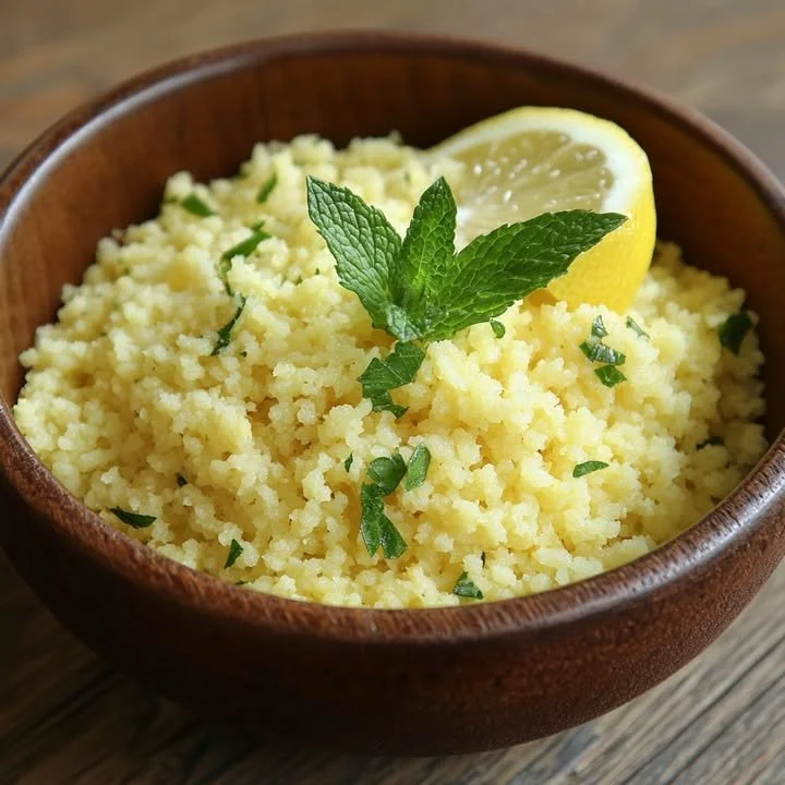 Zitronen-Couscous mit frischer Minze serviert in einer Schüssel.