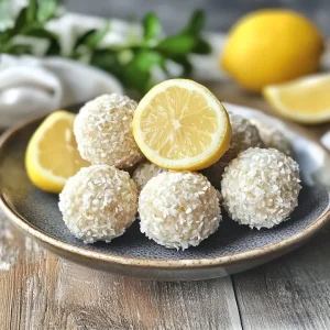 Zitronen-Kokos-Bällchen auf einem weißen Teller, dekoriert mit Kokosflocken.