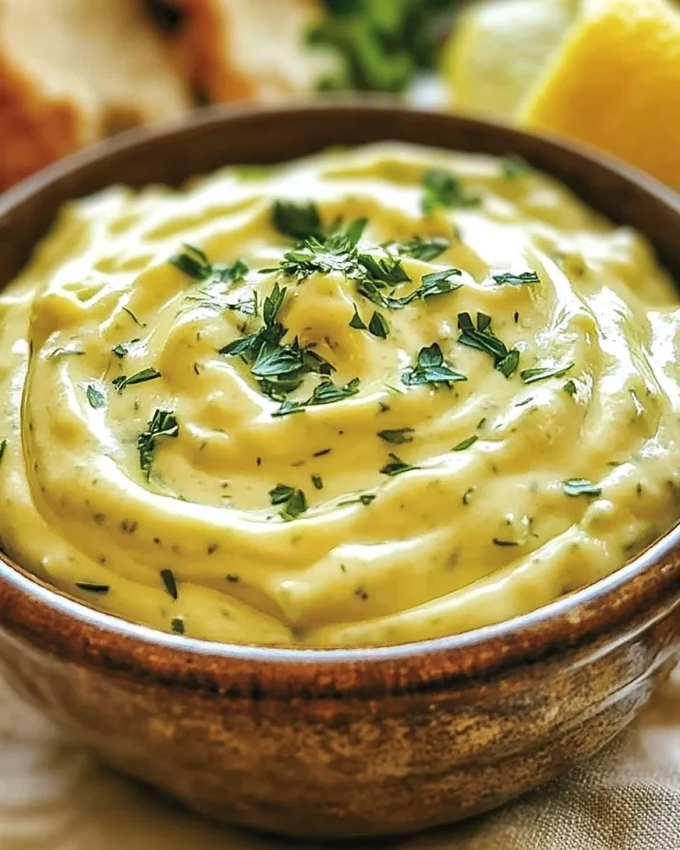 Zitronige Kräuter-Aioli mit frischem Knoblauch im Schälchen