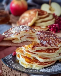 Apfel-Joghurt-Pfannkuchen auf einem Teller serviert mit frischen Äpfeln und Joghurt