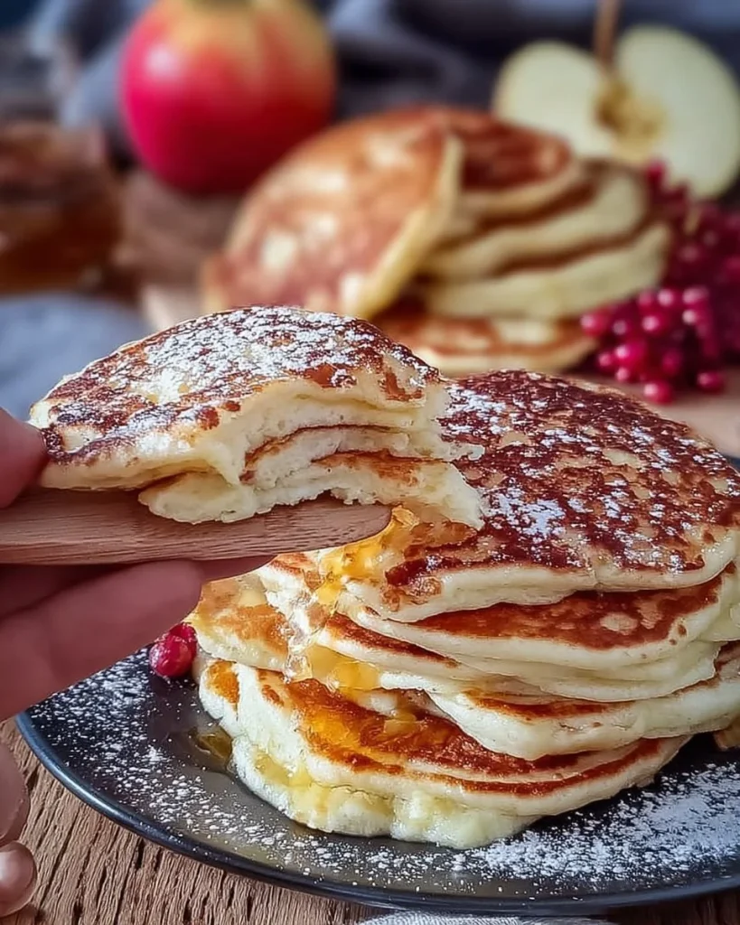 Apfel-Joghurt-Pfannkuchen auf einem Teller serviert mit frischen Äpfeln und Joghurt