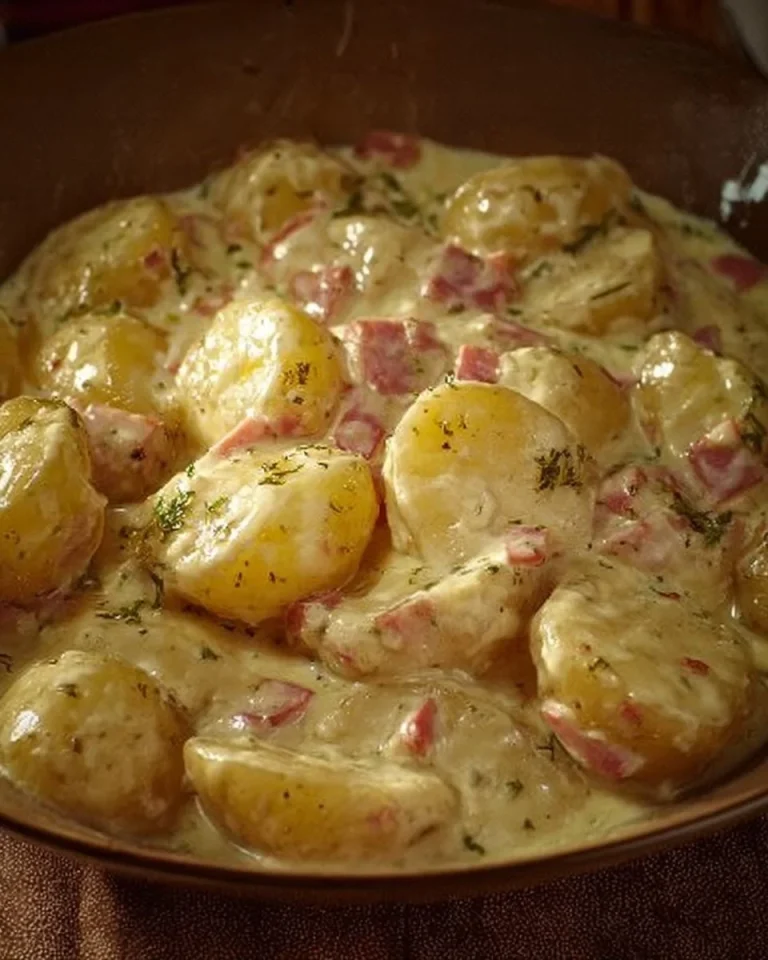 Bechamel-Sauce über Kartoffeln in einer Auflaufform, bereit zum Backen
