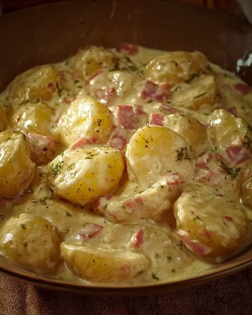 Bechamel-Sauce über Kartoffeln in einer Auflaufform, bereit zum Backen