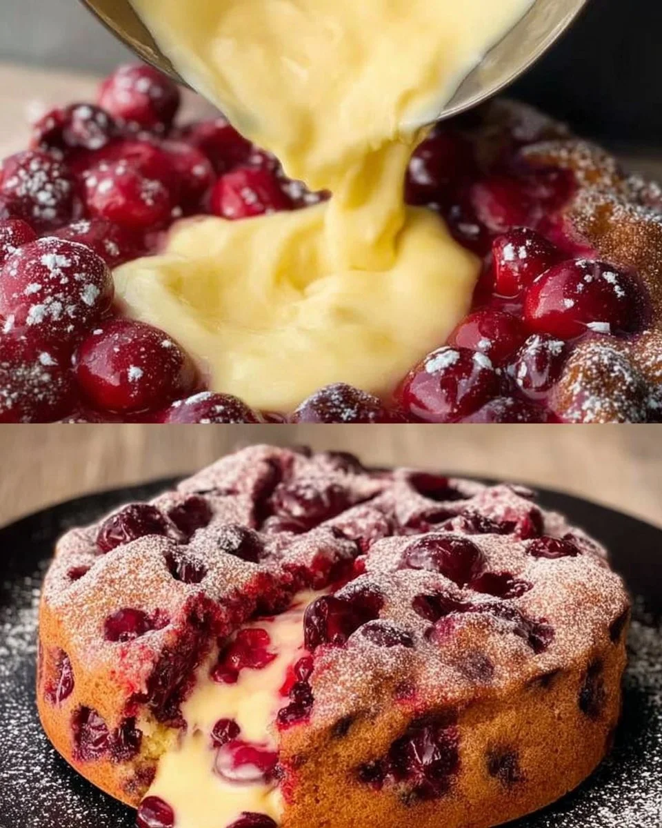 Blitz Kirschkuchen mit Pudding auf einem Teller serviert