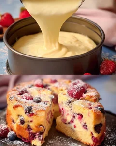 Blitz Kirschkuchen mit Vanillepudding auf einem Teller angerichtet.