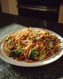 Chinesisch gebratene Nudeln mit Hühnchenfleisch, Ei und buntem Gemüse