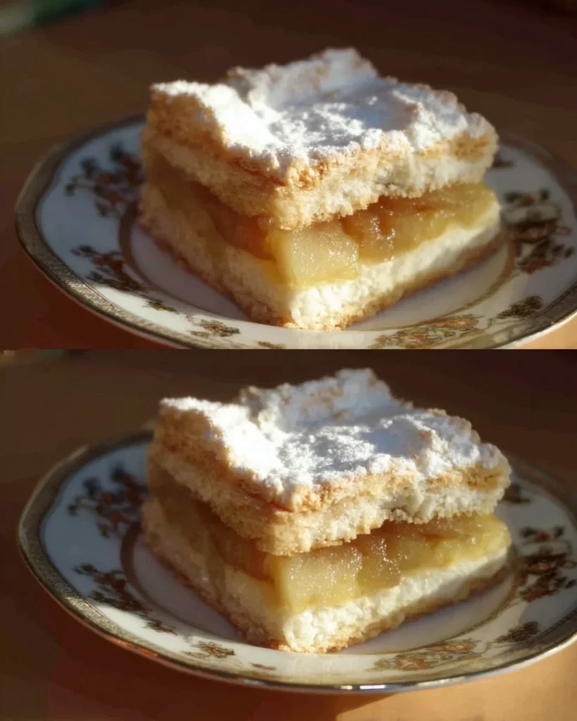 Der beste Apfelkuchen mit Baiser auf einem Teller, gebacken und dekoriert.