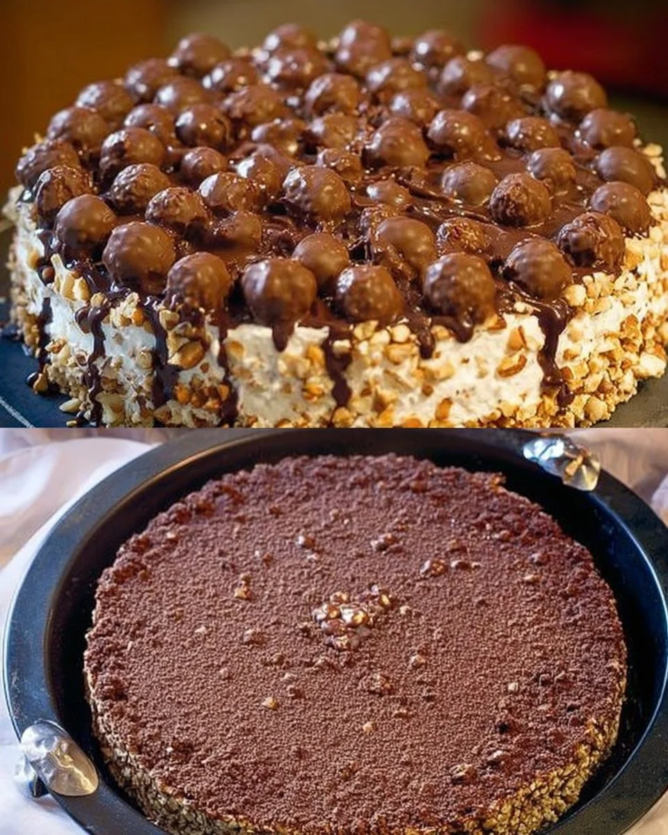 Ferrero Rocher Torte ohne Backen mit gehackten Nüssen und Schokolade