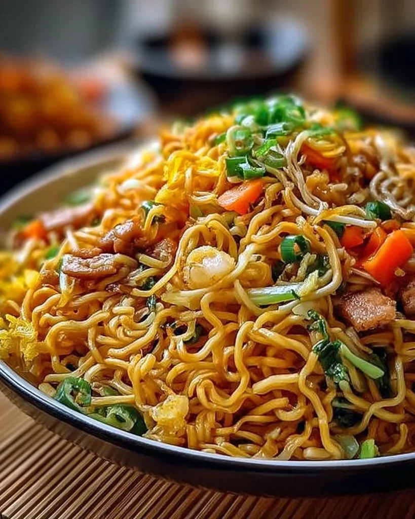 Teller mit gebratenen Nudeln, Gemüse und Fleisch als leckeres Gericht.