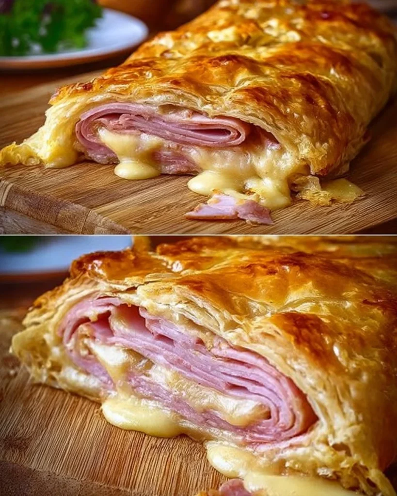 Gefüllter Blätterteigstrudel mit Schinken und Käse auf einem Blech