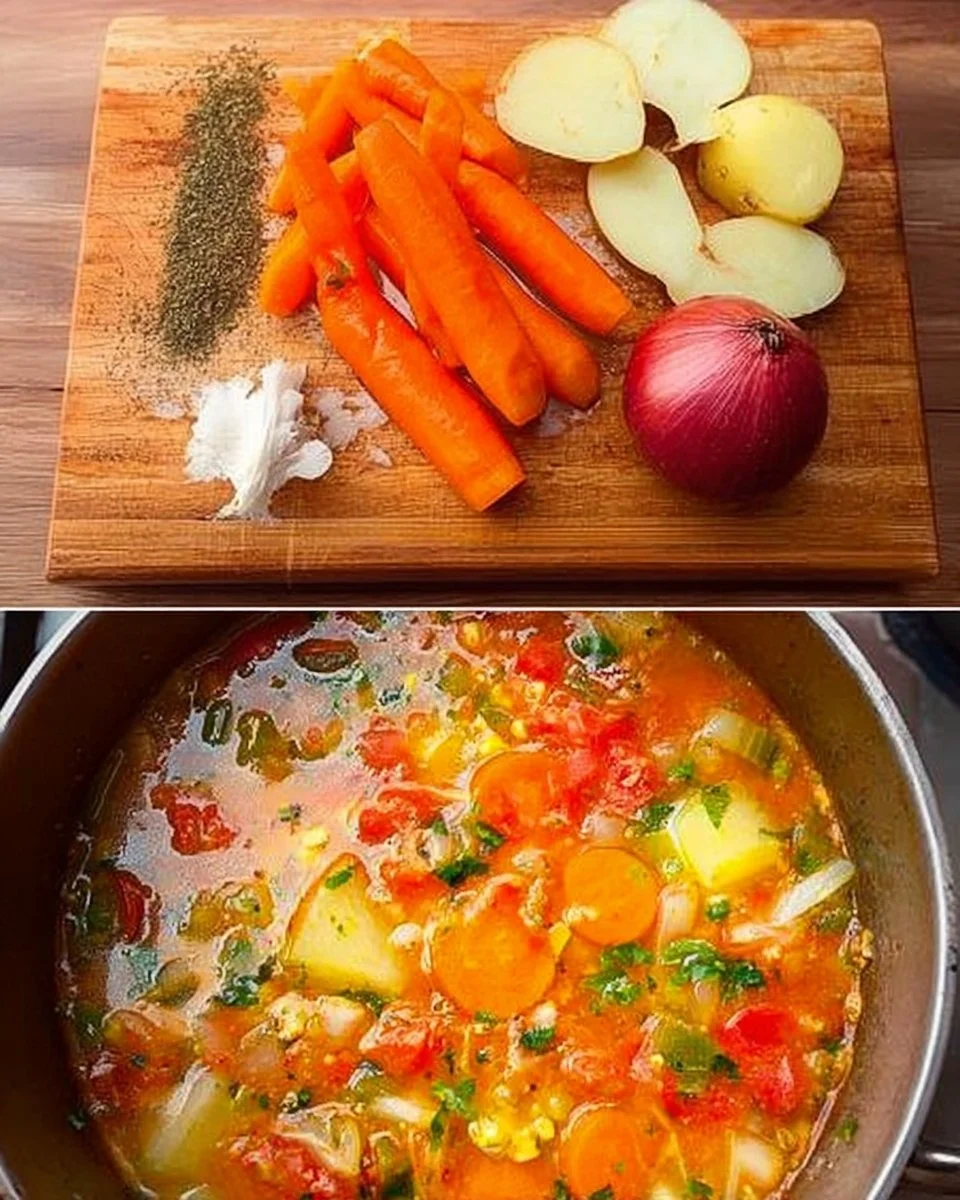 Schüssel mit frischer Gemüsesuppe, reich an buntem Gemüse und Gewürzen