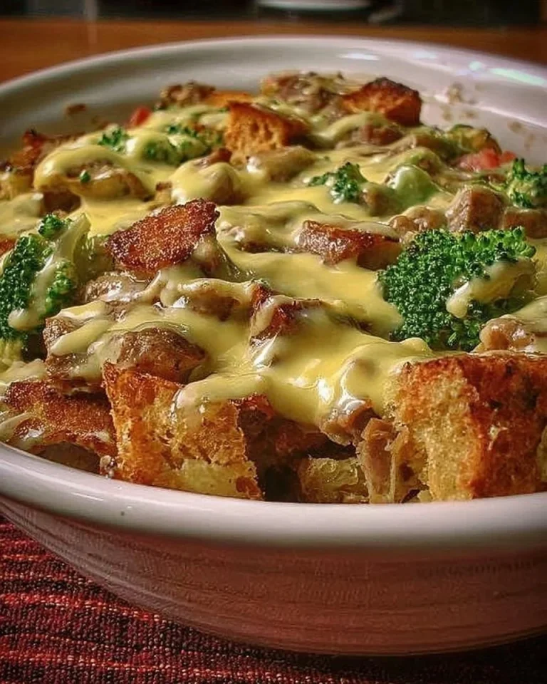 Gyrosauflauf mit Knoblauch und Sauce Hollandaise serviert auf einem Teller.