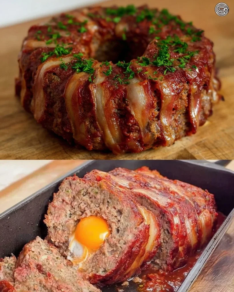 Köstlicher Hackbraten mit Überraschung auf einem Teller