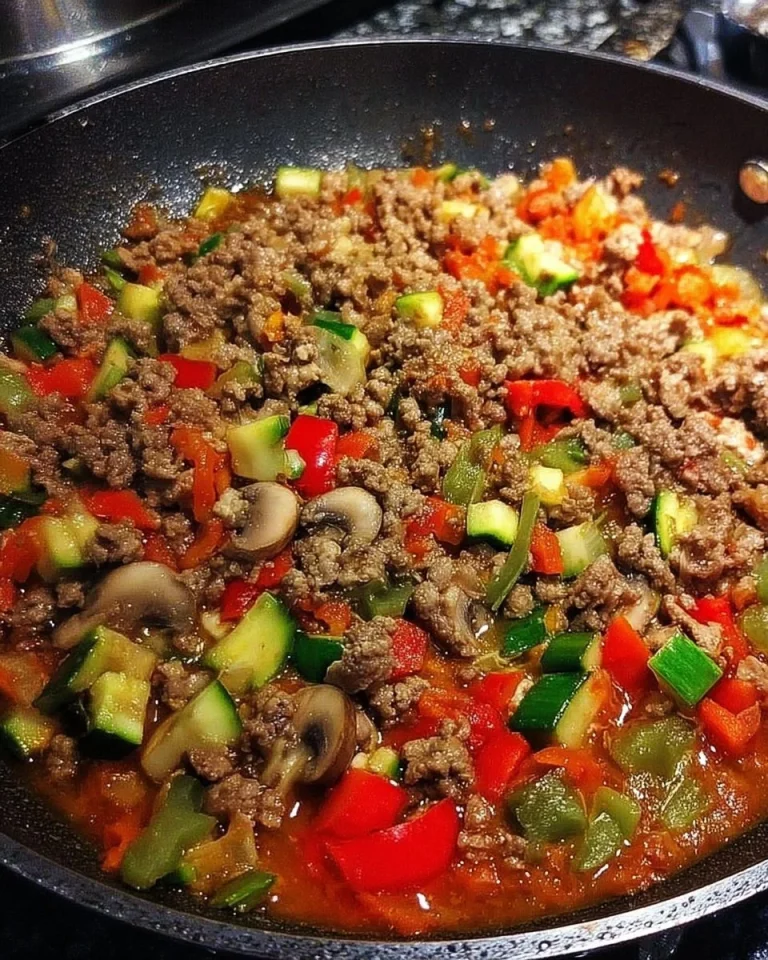 Bunte Hackfleisch Gemüse Pfanne auf einem Teller serviert.