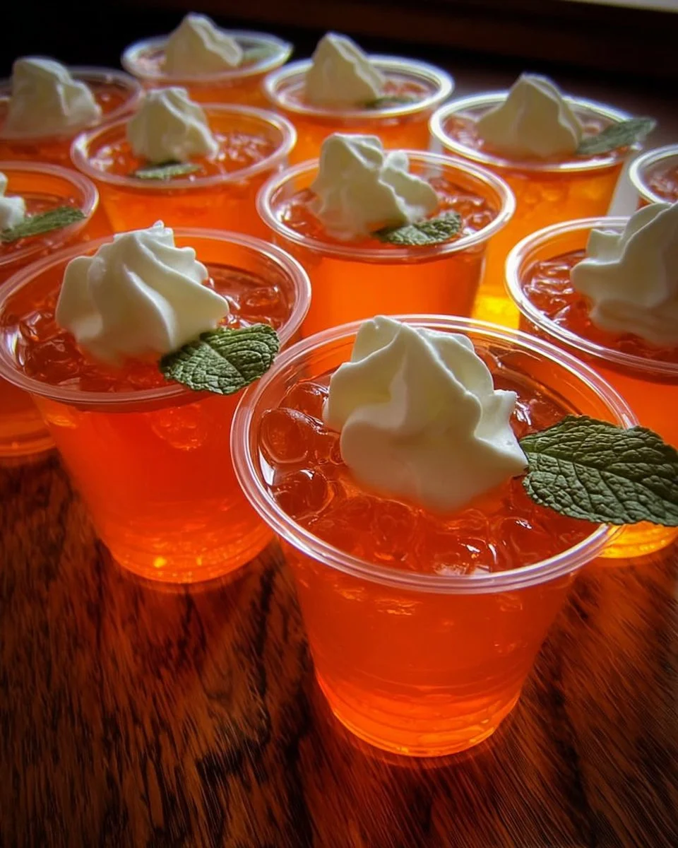 Ein Glas Heißer Aperol mit Zitrusfrüchten auf einem Tisch mit Kerzenlicht.