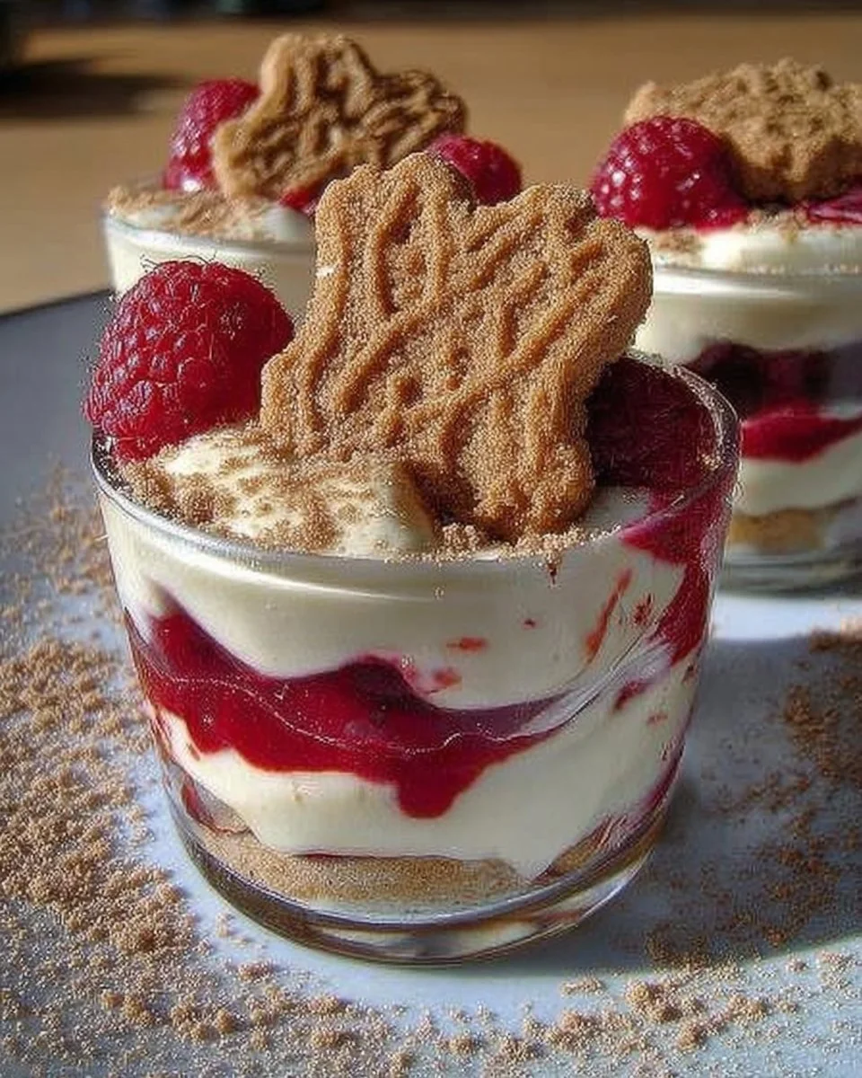 Leckeres Himbeerdessert mit Spekulatius auf einem Teller angerichtet