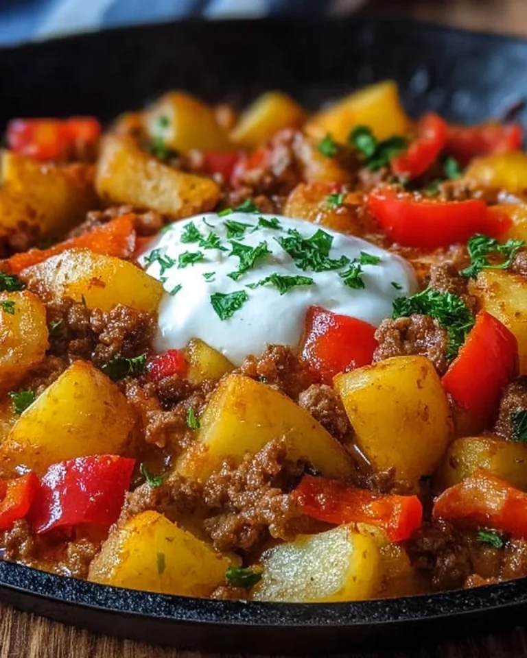 Kartoffel-Paprika-Pfanne mit Hackfleisch und Crème Fraîche auf einem Teller serviert.