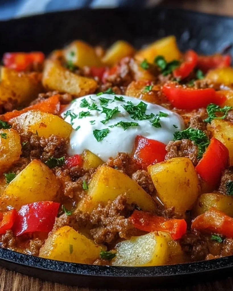 Kartoffel-Paprika-Pfanne mit Hackfleisch und Crème Fraîche auf einem Teller serviert.