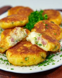 Kartoffellaibchen gefüllt mit Schinken und Käse auf einem Teller