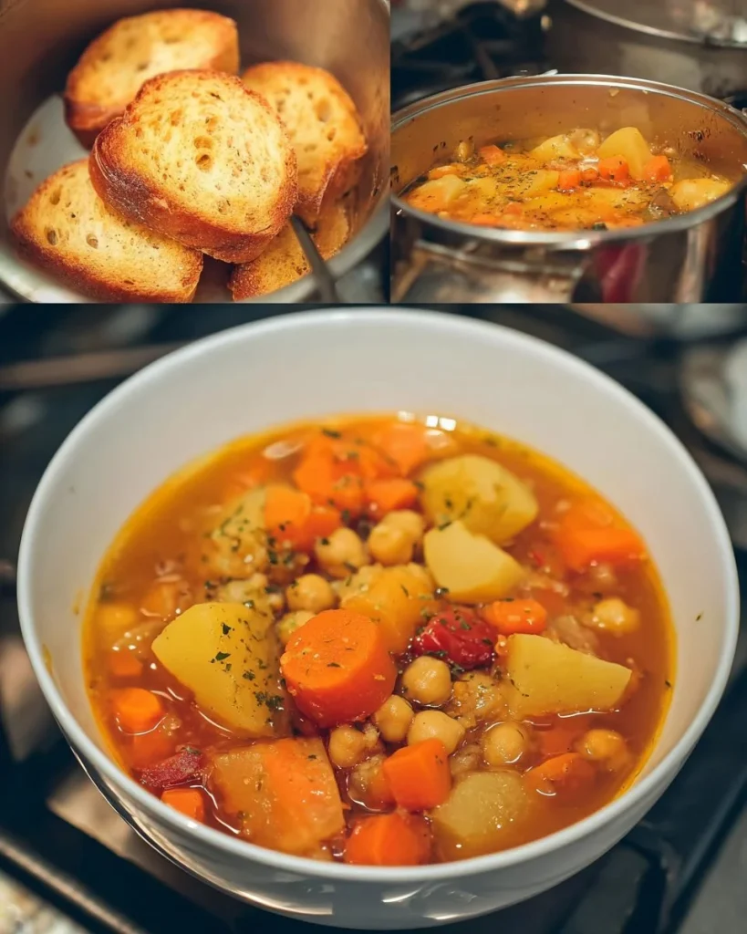 Schüssel mit heißer Kichererbsensuppe, serviert mit frischen Kräutern und Brot