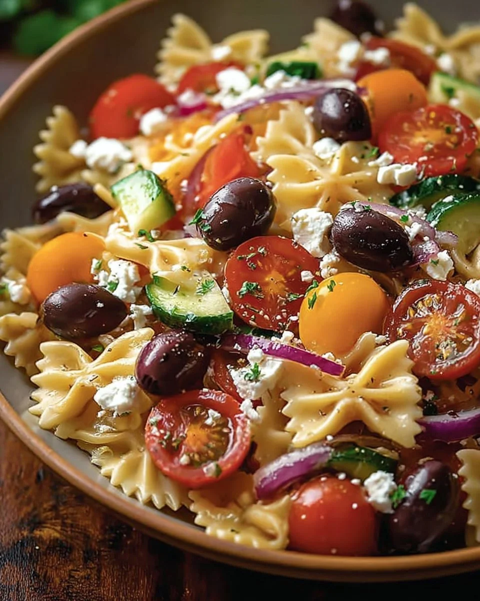 Leckerer Nudelsalat mit Feta und Gemüse in einer bunten Schüssel.
