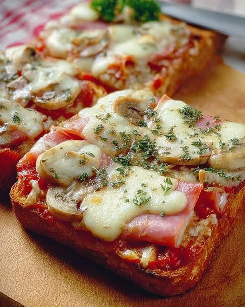 Pizza-Toast mit Schinken auf einem Teller, angerichtet mit frischen Zutaten.