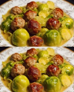 Rosenkohleintopf mit Hackbällchen auf einem Teller serviert