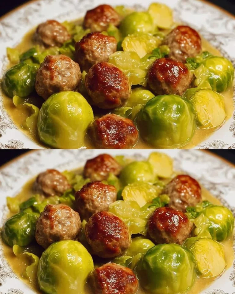 Rosenkohleintopf mit Hackbällchen auf einem Teller serviert