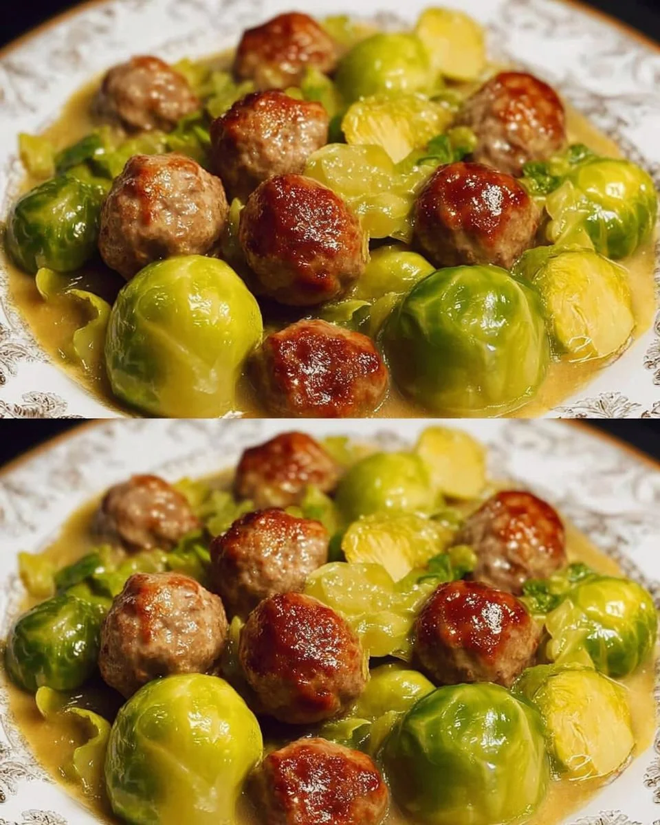 Rosenkohleintopf mit Hackbällchen auf einem Teller serviert