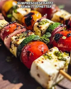Sommerliche Antipasti-Spieße mit Feta, ideal für Feiern und Grillpartys.