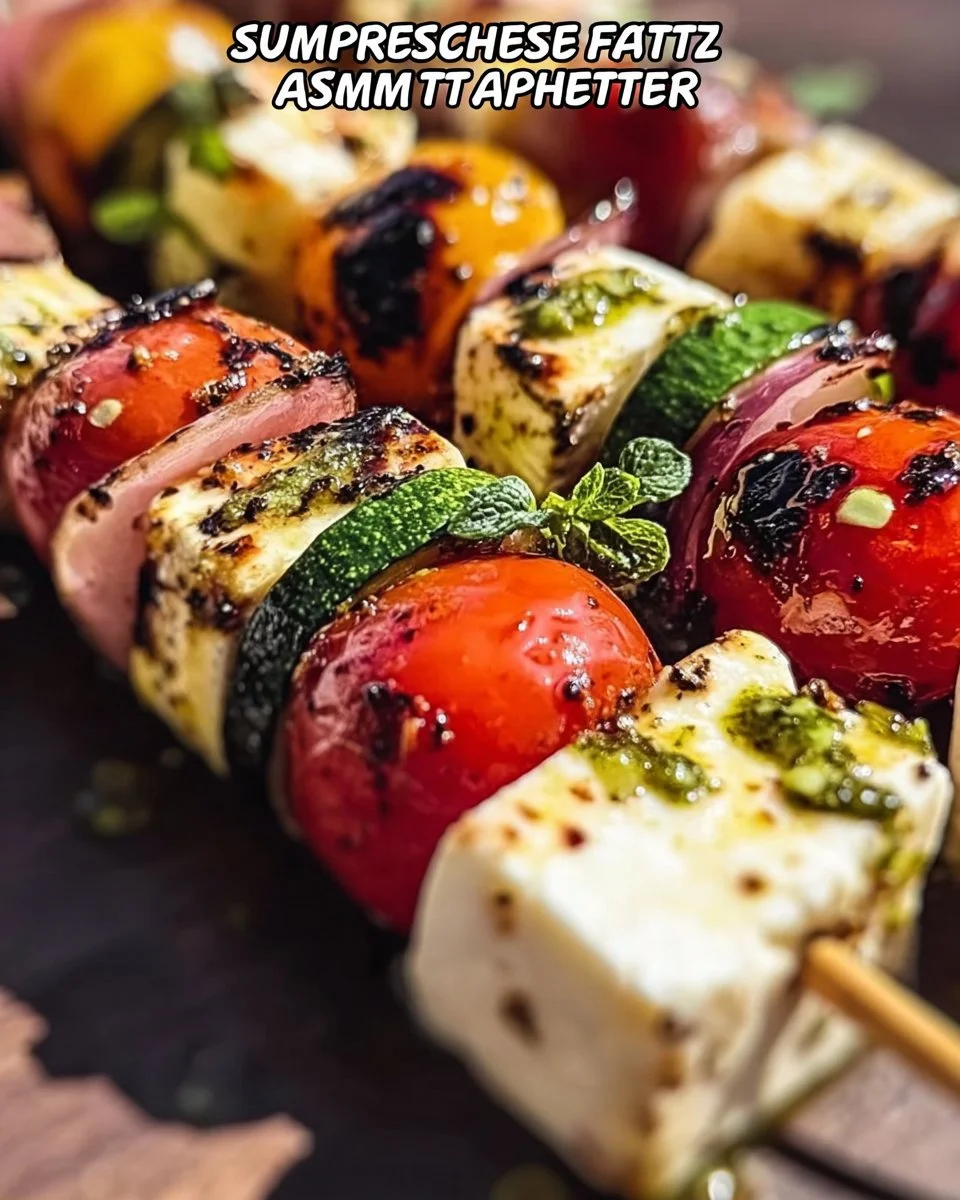 Sommerliche Antipasti-Spieße mit Feta, ideal für Feiern und Grillpartys.