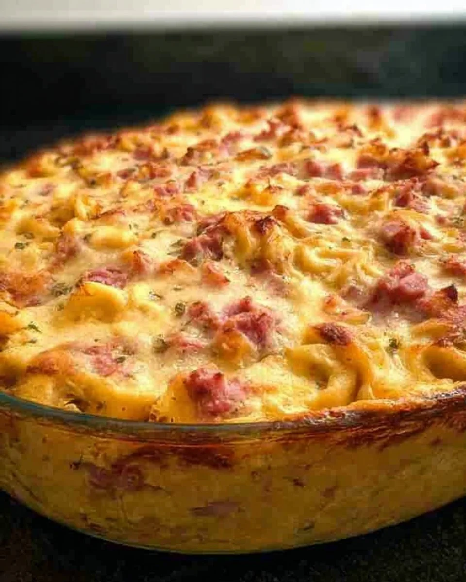 Tortellini Auflauf mit Bechamelsauce auf einem Teller serviert