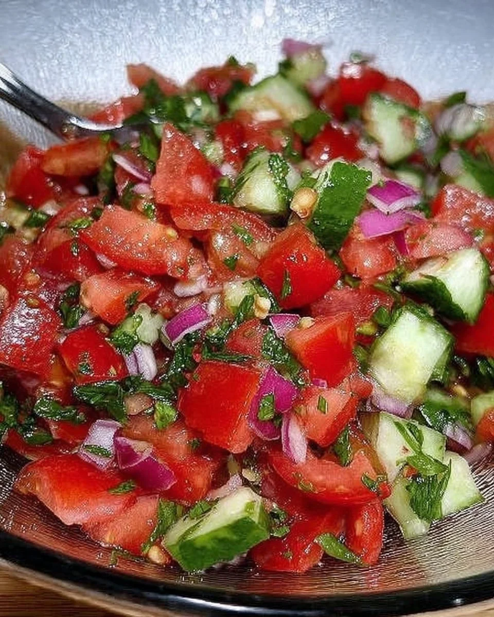 Türkischer Tomatensalat mit frischen Tomaten, Zwiebeln und Kräutern