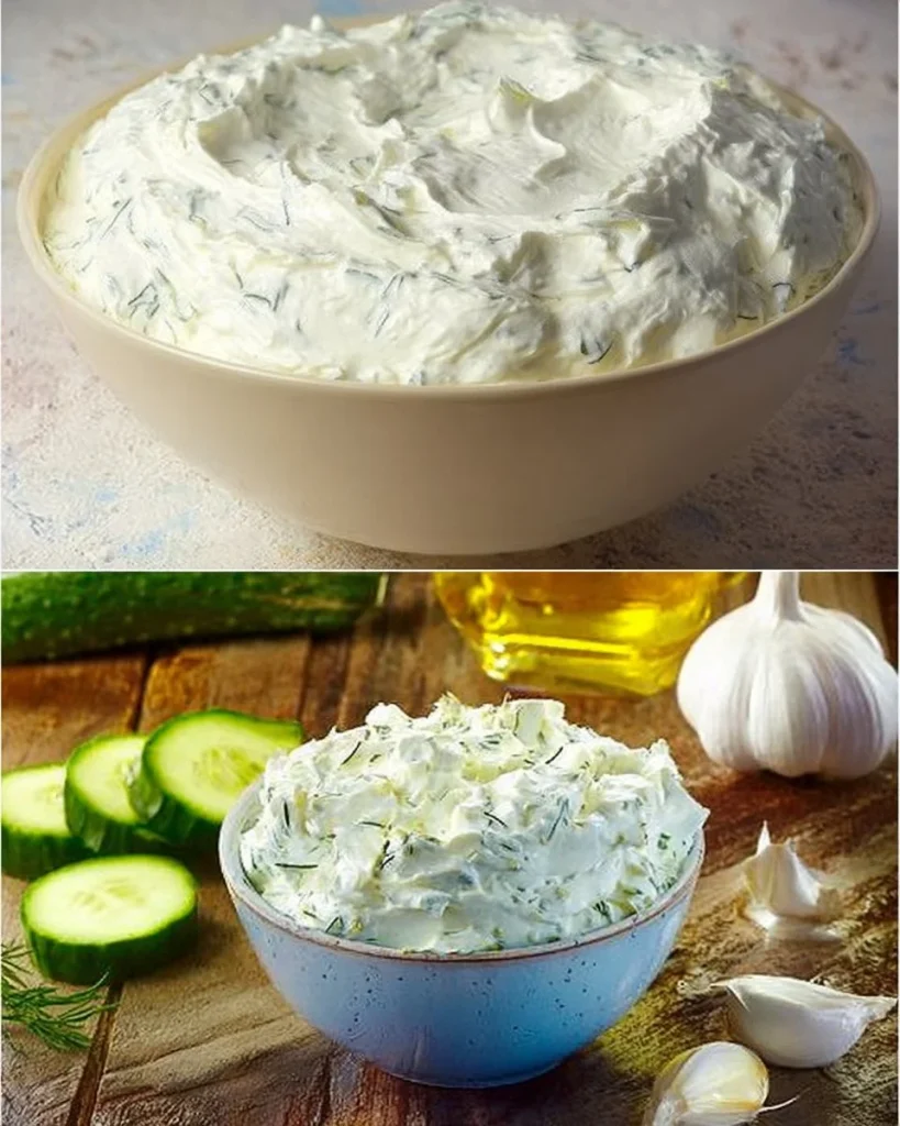 Selbstgemachtes Tzatziki in einer Schüssel, dekoriert mit Oliven und Kräutern.