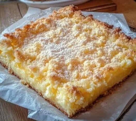 Schneller Streuselkuchen mit Vanillepudding auf einem Tisch serviert