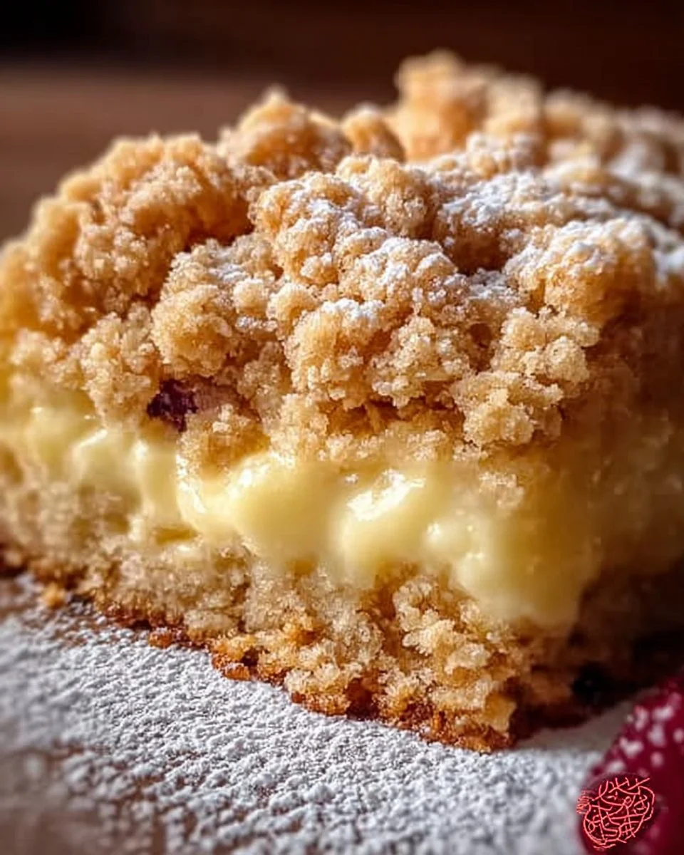 Leckerer 15 Minuten Streuselkuchen mit Vanillepudding und knusprigen Streuseln.