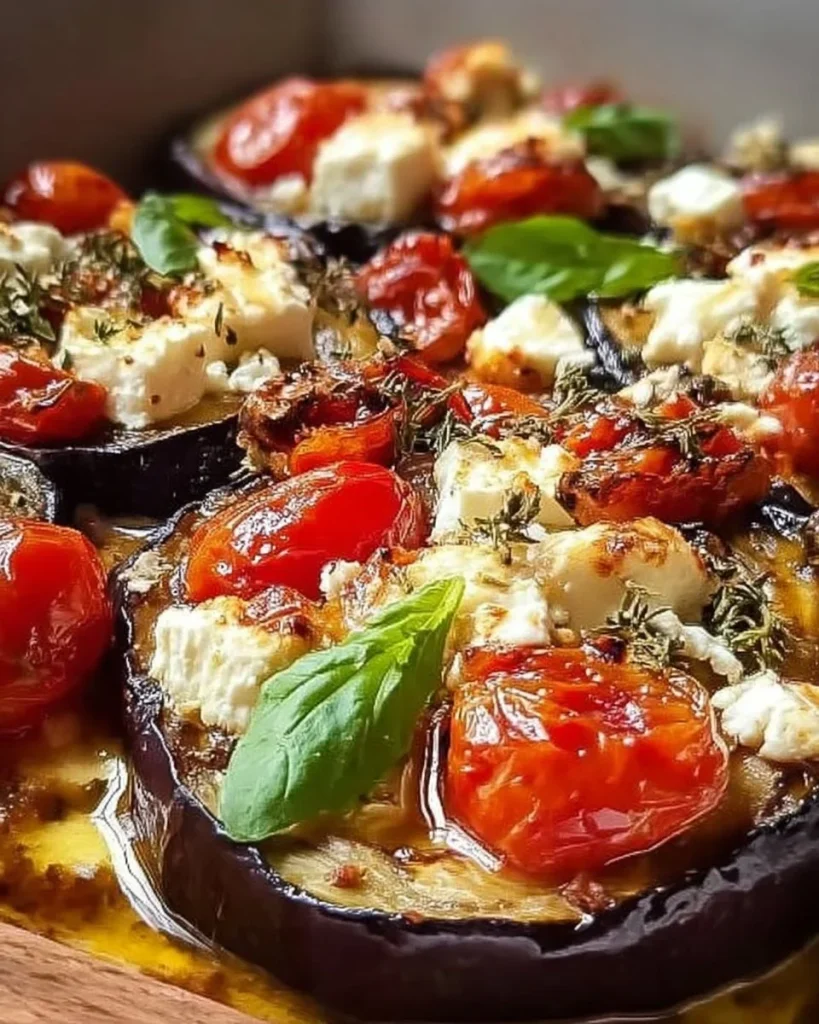 Gebackene Auberginen mit Feta und Kirschtomaten auf einem Teller angerichtet.