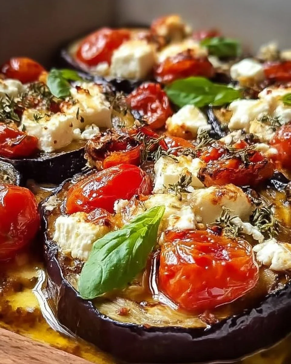 Gebackene Auberginen mit Feta und Kirschtomaten auf einem Teller angerichtet.