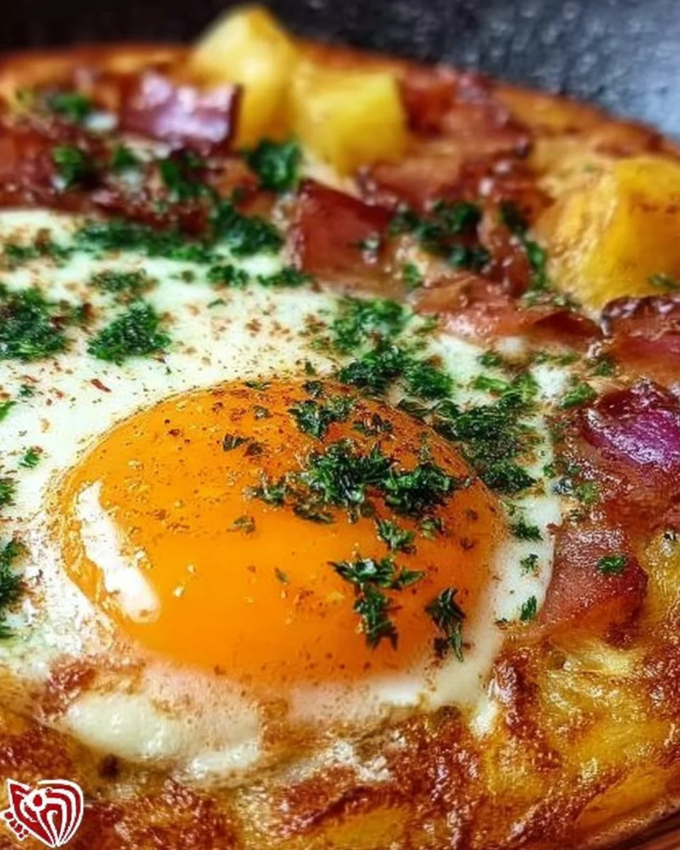 Bauernfrühstück aus der Pfanne mit Eiern, Kartoffeln und Speck